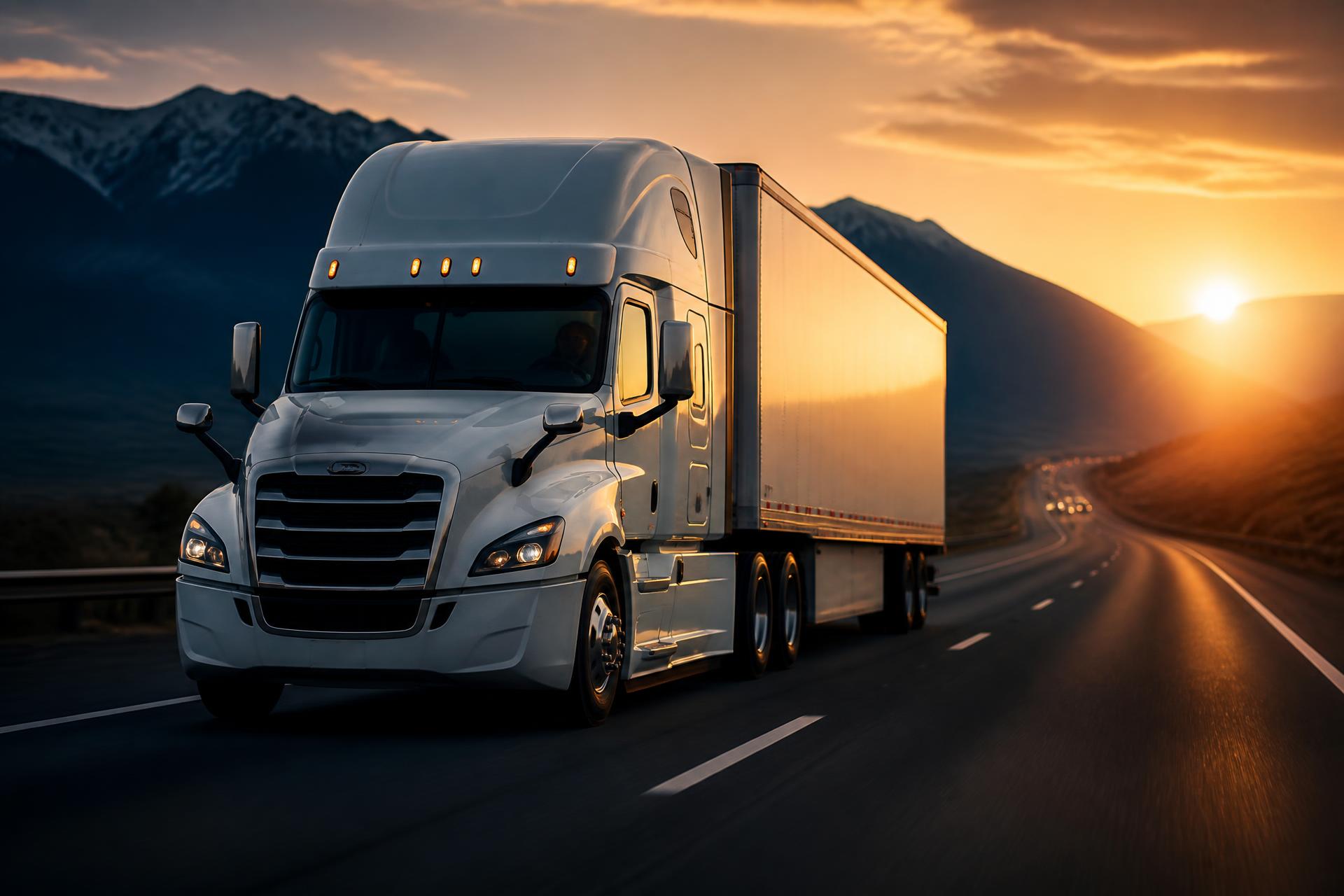 Semi truck with a dry van trailer traveling on a U.S. interstate highway at sunrise